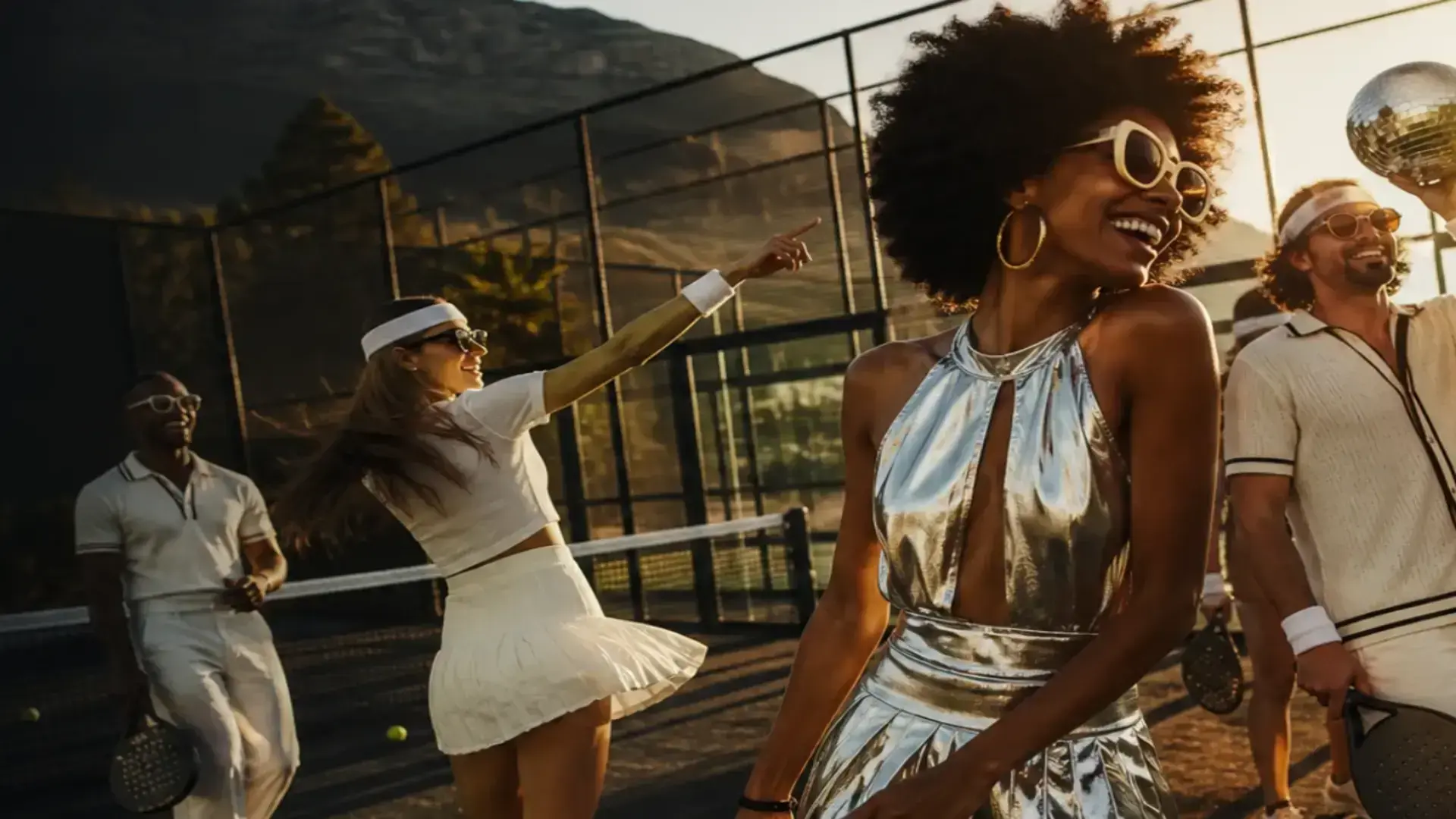Friends in retro sport-luxe looks on a padel court
