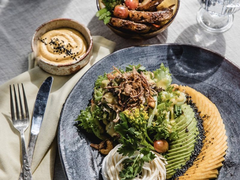 Beautifully plated salad with mango, avocado and greens at Vikasa Life Cafe