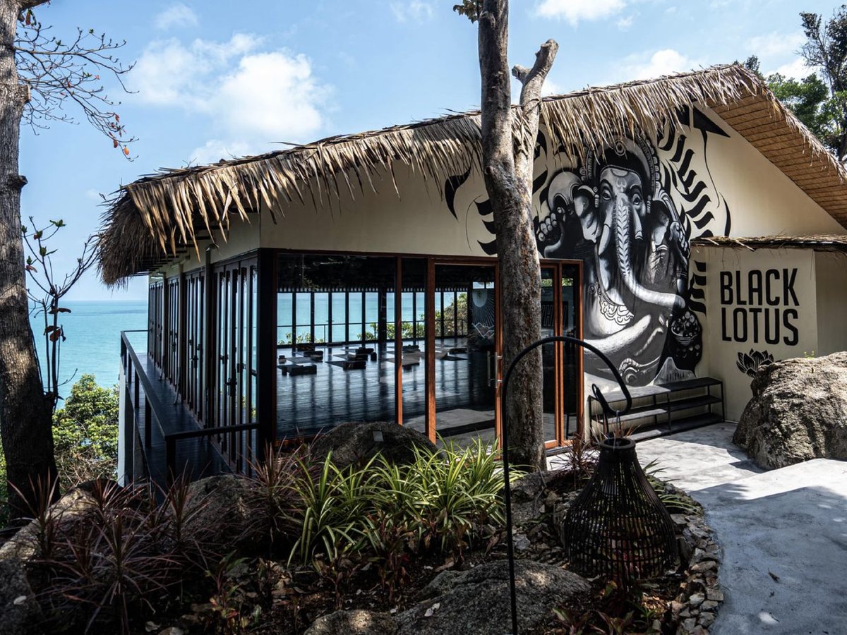 Yoga sala with thatched roof and Ganesha mural overlooking the ocean at Vikasa